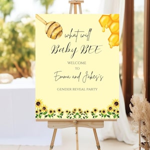 Plantilla de letrero de bienvenida &quot;What Will It Bee&quot; / Letrero editable para baby shower en Canva / Letrero para fiesta de revelación de género / Tema bohemio neutral de abeja
