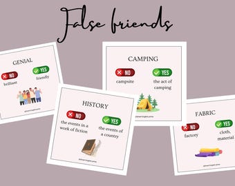 Tarjetas de vocabulario en inglés sobre falsos amigos / 10 tarjetas de vocabulario ESL / PDF imprimible Tarjetas de vocabulario en inglés imprimibles – Falsos amigos