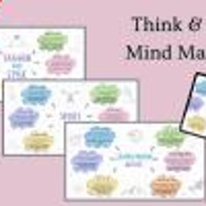 May include: A set of six mind map prints with pastel-colored cloud-shaped text boxes. The text "Think & Link: Mind Maps Set" is displayed in black. The words "Bonus Gift" are in red text in the upper left corner.