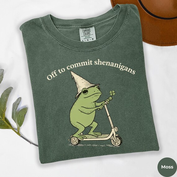Comfort Colors Funny St Patricks Day Frog Scooter Shirt, Off to Commit Shenanigans Tee