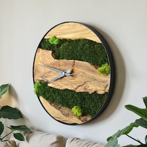 Oversized Moss Wall Clock, Round Olive Wood Art, New Job Gift, Bedroom Decor