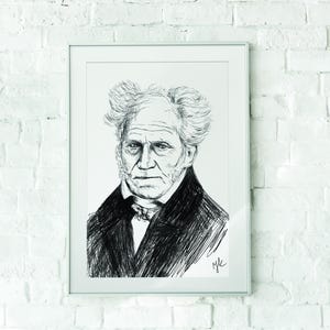 Portret Arthura Schopenhauera – Czarno-biały rysunek cyfrowy | Sztuka ścienna do druku | Ilustracja filozofa | Cyfrowe pobieranie sztuki