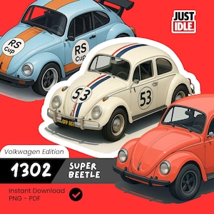 Volkswagen Beetle 1302 Digital Stickers: Retro VW Clipart (PNG & PDF Download