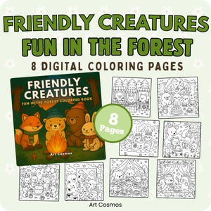 Puede incluir: Una colección de ocho páginas para colorear digitales con criaturas amigables del bosque. La portada del libro para colorear muestra un zorro, un oso y un conejo alrededor de una fogata. El título dice "Friendly Creatures Fun in the Forest".