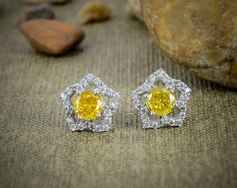 Handmade Sterling Silver CZ Yellow Gemstone Star Stud Earrings ~  Silver Earring Artist Crafted Opulent