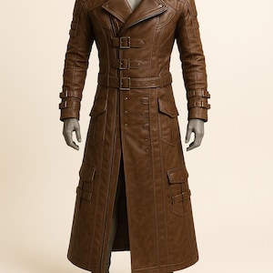 Handmade Brown Leather Trench Coat – Dystopian Steampunk Long Jacket with Buckles, Gothic Cosplay Outerwear