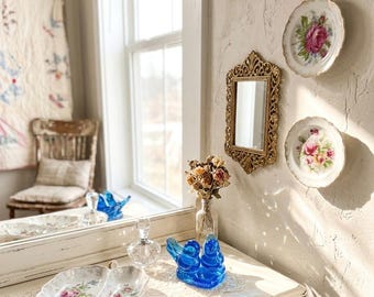 Vintage Dresden Rose and Leo Ward Bluebird Vanity Set- cottage core -shabby chic -bundle.