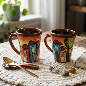May include: Two ceramic mugs with colorful house designs. The mugs have brown handles and rims, and are placed on a white, crocheted placemat. A gold spoon and a small saucer are next to the mugs. A book and dried flowers are also on the table.