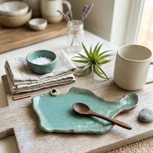 May include: A handmade, turquoise ceramic fish-shaped plate with a wooden spoon rests on a wooden cutting board. A small teal bowl with salt, a mug, and other ceramic bowls are also present. A small sign reads "Handmade."