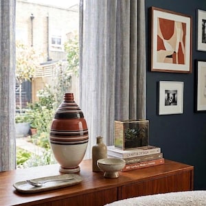 Mid-Century Studio Pottery Vase, Terra-Cotta Cream Striped Geometric Vessel