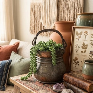May include: A rustic living room scene featuring a metal planter with trailing green succulents. The planter sits on a wooden cabinet with a patterned runner, alongside framed botanical prints, books, and decorative pottery. A woven wall hanging adds texture.
