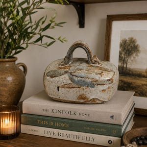May include: A ceramic object with a handle, featuring a speckled beige and brown glaze with blue accents, resting on a stack of three books titled The Kinfolk Home, This Is Home, and Live Beautifully. The object has a rounded, oblong shape.