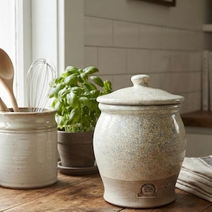 Wisconsin pottery storage jar-kitchen canister-vintage rowe pottery stoneware crock with lid.