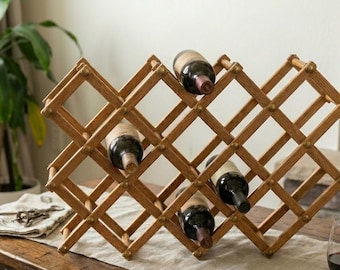 Vintage wood, accordion wine rack-mid-century modern folding wine holder-retro expandable wooden lattice bottle rack