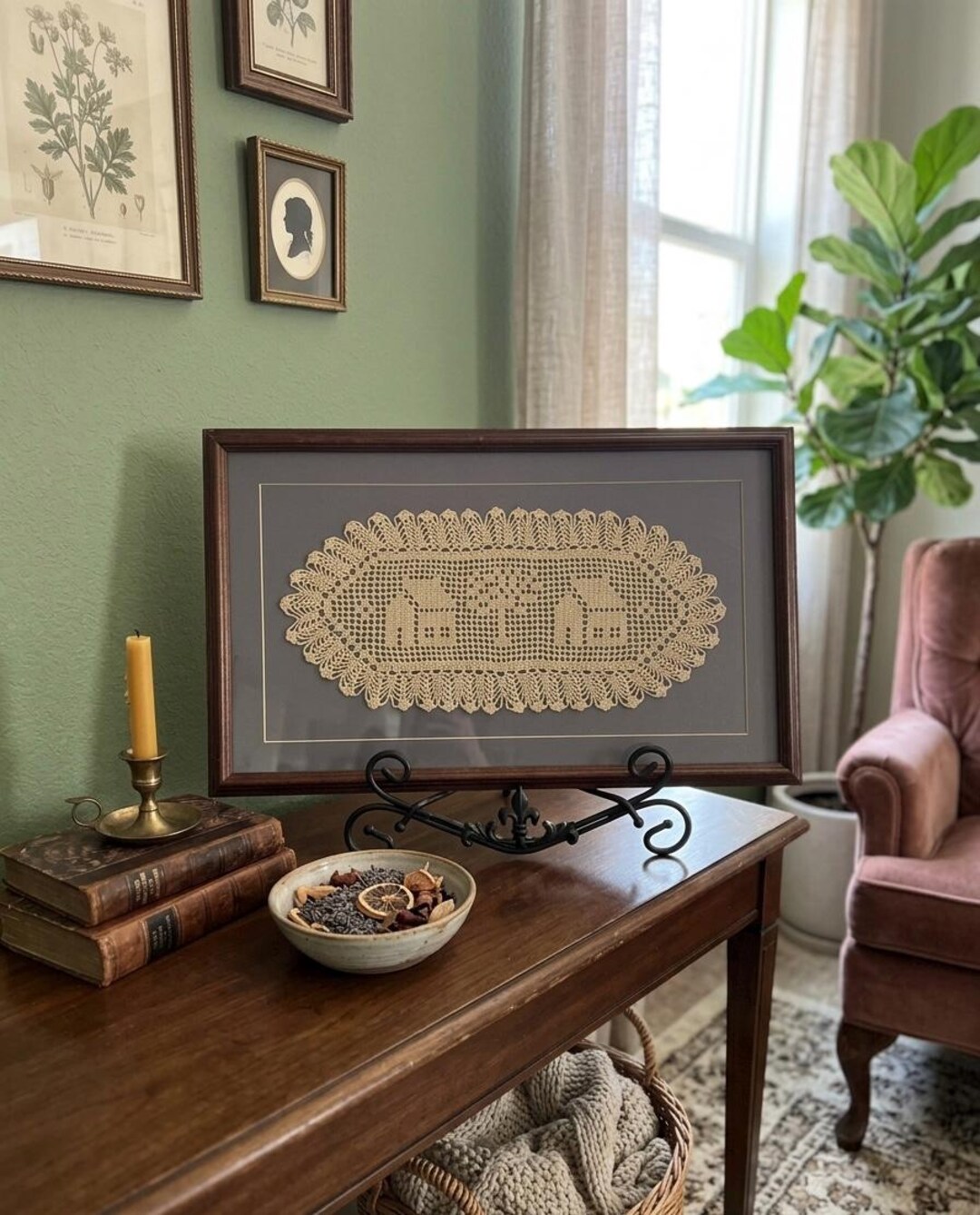 Framed Vintage Filet Crochet Lace Art – Folk House Tree Motif Fiber ...