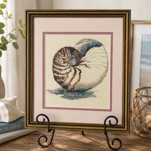 Vintage Nautilus Shell Cross Stich Framed Wall Art-Coastal Cottage Decor-Beach house Needlepoint