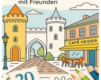 May include: A postcard set featuring a colorful illustration of Potsdam, Germany, with the text "Potsdam" and "Zum Ausmalen und Teilen mit Freunden." The image includes a castle, a cafe, and colored pencils.