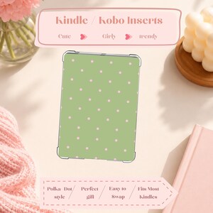May include: A green Kindle/Kobo insert with a pink polka dot pattern. The insert is described as cute, girly, and trendy. The text on the image says it is a polka dot style, perfect, easy to swap, and fits most Kindles.