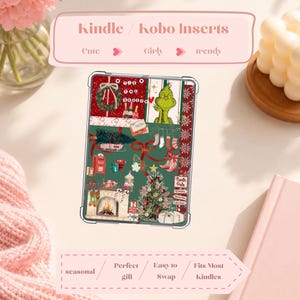 Op de afbeelding: Kindle/Kobo-inzetstuk met een kerstthema. De inzet toont een collage van feestelijke elementen, waaronder een krans, de Grinch, een kerstboom, een open haard en kousen. De inzet is ontworpen met een groen en rood kleurenschema, met de tekst "Kindle / Kobo Inserts" bovenaan.