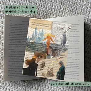 Op de afbeelding: Een collage met fantasiethema's, met een hert, een wolf en figuren, over boekpagina's. De tekst bevat "De wereld zal gered worden en herbewerkt door de dromers". De algehele uitstraling is vintage en artistiek.