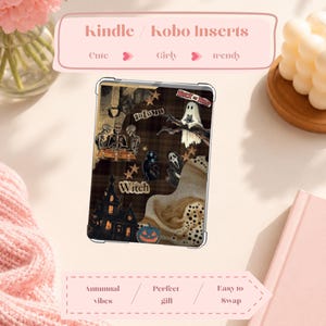 May include: A rectangular e-reader insert featuring a brown plaid background with Halloween-themed graphics including skeletons, a ghost, a black cat, a haunted house, a pumpkin, and the text "autumn", "Witch", and "Trick or Treat" in various fonts.