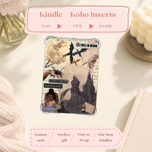May include: A decorative Kindle/Kobo insert featuring a collage design with a full moon, dragons, and a castle. The insert has the word "VIOLENCE" and is described as cute, girly, and trendy, with a fantasy style.