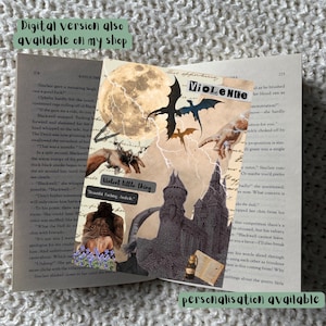 Puede incluir: Un collage de página de libro con ilustraciones de murciélagos, una luna llena y un castillo. Se muestra la palabra "VIOLENCE", junto con las frases "Violent little thing" y "Beautiful Fucking Asshole."