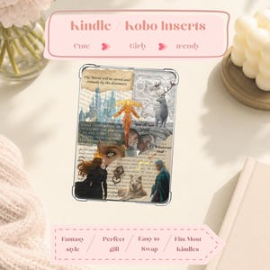 Op de afbeelding: Een decoratieve Kindle/Kobo-inzet met een fantasiethema. De inzet bevat een collage van afbeeldingen, waaronder een hert, een vrouw met rood haar en tekst met de tekst "De wereld zal gered worden en herbouwd worden door de dromers."