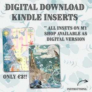 May include: Two digital Kindle inserts featuring collage-style graphics. One displays a beach scene with a sun, surfboard, and beach hut. The other shows an underwater theme with a mermaid, castle, and moon. Text reads: DIGITAL DOWNLOAD KINDLE INSERTS.