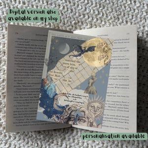 Può includere: Un collage a strati con elementi celesti e fantasy, tra cui una luna, stelle, un drago e un volto femminile, sovrapposto a pagine di libro aperte. Il collage include il testo "The Earth as if Seen from the Moon" e "Phantasma". Il testo "Digital version also available on my shop" è visibile.