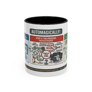 May include: White ceramic mug with a black interior. The mug features a diagram labeled "AUTOMAGICALLY: STEP 2: THE PROCESS (Backend Reality)" with text and illustrations about code compiling, exception handling, and system optimization.