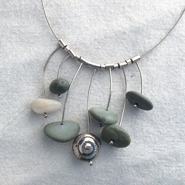 Green Beach Pebble and Silver Necklace