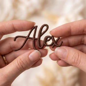 May include: A dark brown embroidered patch featuring the name Alex in a cursive script font. The lettering is stitched with a dense thread texture, creating a raised appearance for the letters A, l, e, and x in a connected, flowing style.