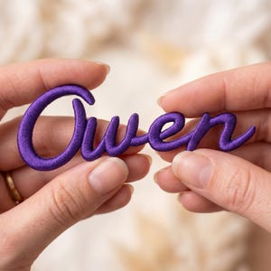 May include: A purple embroidered patch featuring the name Owen in a cursive script font. The letters are connected in a single continuous line with a raised, textured thread finish, showcasing a vibrant deep purple color throughout the design.