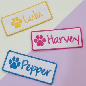 May include: Three embroidered name patches for pets. Each patch features a white background, a colored paw print, and a pet's name. The patches are outlined in yellow, pink, and blue.