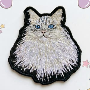 May include: An embroidered patch featuring a fluffy, long-haired cat with cream and grey fur, striking bright blue eyes, and a pink nose. The cat is depicted from the chest up, set against a solid black background with a thick, dark stitched border.