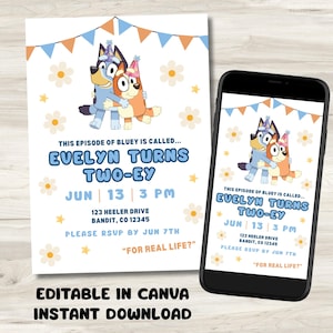 May include: A birthday invitation featuring Bluey characters, with text that reads "Evelyn Turns Two-ey" and event details. The design includes floral accents and is shown on a phone and a printed card.