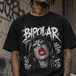 Bipolar Graffiti Face Red Lips T-Shirt - Edgy Street Art Graphic Tee Unisex Streetwear