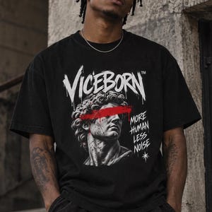 Viceborn Statue Graphic T-Shirt - Red Slash Streetwear Tee, More Human Less Noise Unisex Alternative Grunge Fashion