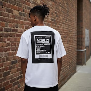 Peut inclure: T-shirt blanc avec un grand motif rectangulaire noir dans le dos. Le motif affiche "URBAN EDGE" et d'autres textes. Le t-shirt est porté par une personne devant un mur de briques.