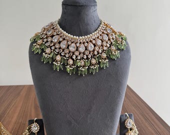 bridal kundan necklace set with mint beads and jhumka earrings-Indian wedding jewellery