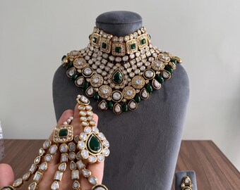Green Emerald Bridal Kundan Necklace Set | Heavy Wedding Jewelry with Jhumka Earrings & Tikka”