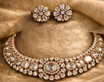 Polki Bridal Choker Necklace Set, Pakistani Wedding Jewelry Set, Gold Kundan Necklace, Indian Bridal Jewelry, Statement Bridal Set, Eid Jewe