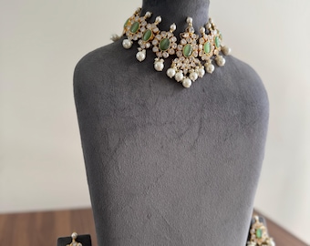 Green Kundan Bridal Choker Set with Pearls – Pakistani Baraat Necklace, Luxury Gold Wedding Jewelry