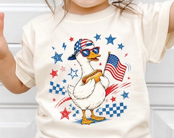 Kids Fourth of July Shirt, Patriotic Retro Goose with hotdog USA, American Flag 4th of July, Independence Day Toddler Tee