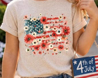 Floral American Flag Shirt for Women, Floral Patriotic 4th of July Tee, Independence Day Outfit