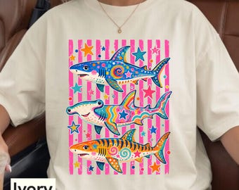 Shark Shirt Aesthetic Tropical Ocean Graphic Shirt, Bright Marine Life Coastal Tee, Summer Beach Shark Week Lover Tshirt