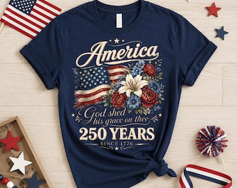 America 250 Years Flag Floral Graphic Tshirt, Celebrate 250th Anniversary Tee, Patriotic Gift, Usa Flag Tee 4th of July Shirt