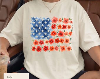 Floral American Flag Shirt, 4th of July Floral Tee, Patriotic Flower T-Shirt, Patriotic Boho Floral Shirt