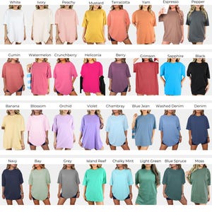 May include: Color chart of Comfort Colors&reg; 1717 t-shirts in various colors, including white, ivory, peachy, mustard, and terracotta. Other colors include cumin, watermelon, crunchberry, and heliconia. Care instructions are also included.